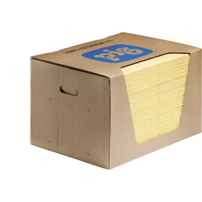 High Visibility absorbent sheeting mat, universal version, in dispenser box, WxL 380 x 510 mm, pack of 100.