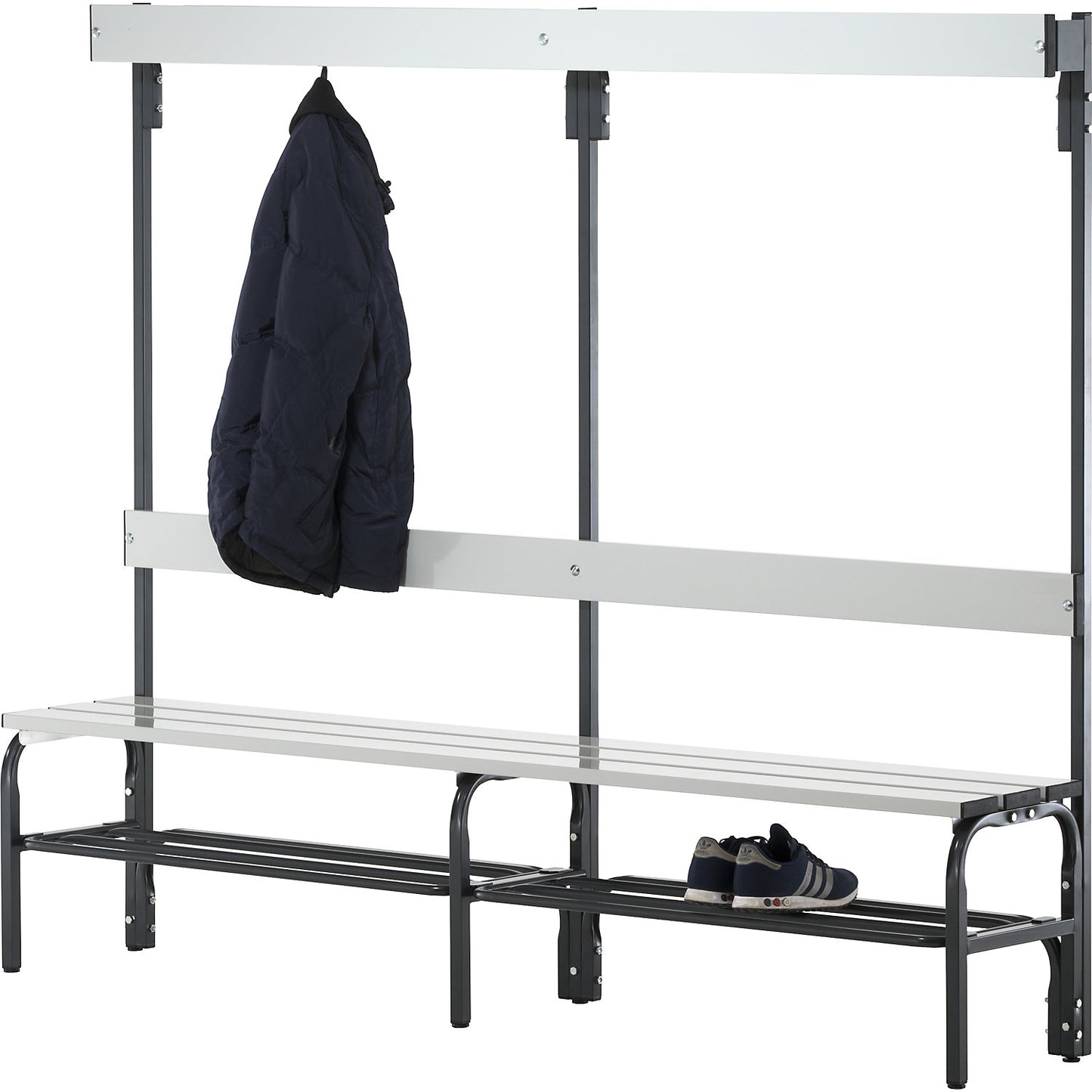 Changing room bench with aluminium slats, HxD 1650 x 375 mm, single sided, length 1500 mm, 6 hooks, light grey.
