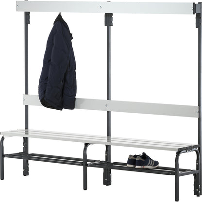 Changing room bench with aluminium slats, HxD 1650 x 375 mm, single sided, length 1015 mm, 3 hooks, light grey, shoe rack.