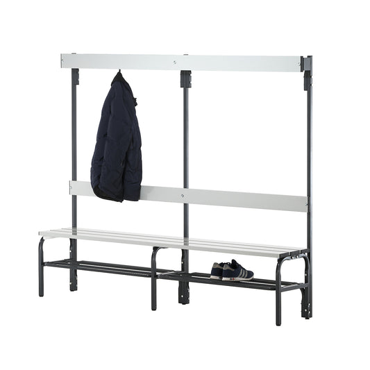 Changing room bench with aluminium slats, HxD 1650 x 375 mm, single sided, length 2000 mm, 6 hooks, charcoal, shoe rack.
