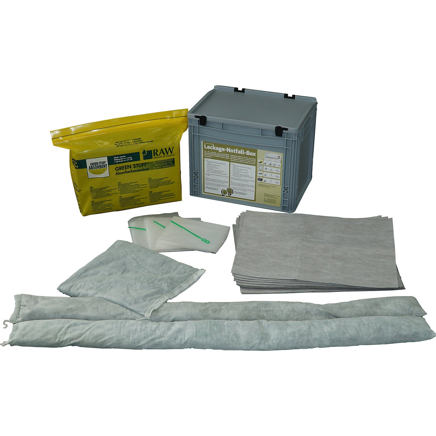 Spillage emergency set, absorbent concentrate, absorbent sheeting, absorbent socks, absorbent cushion, disposal bag.