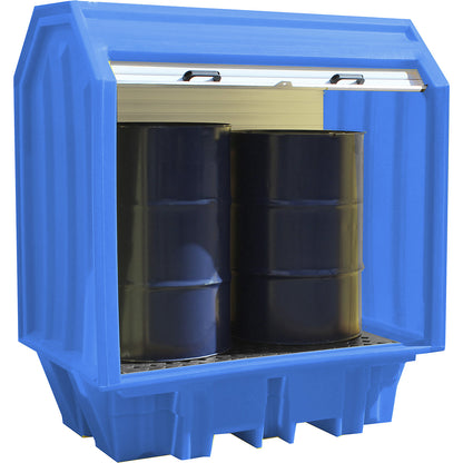 PE hazardous goods storage unit with roller shutter, for 2 x 200 l drums, collection capacity 230 l.