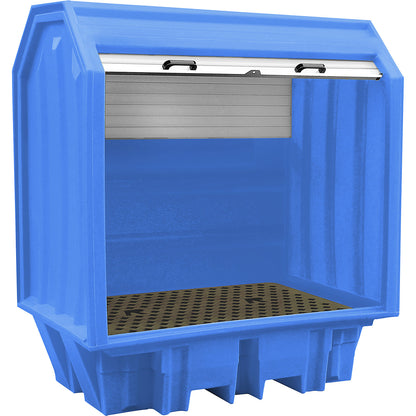 PE hazardous goods storage unit with roller shutter, for 2 x 200 l drums, collection capacity 230 l.
