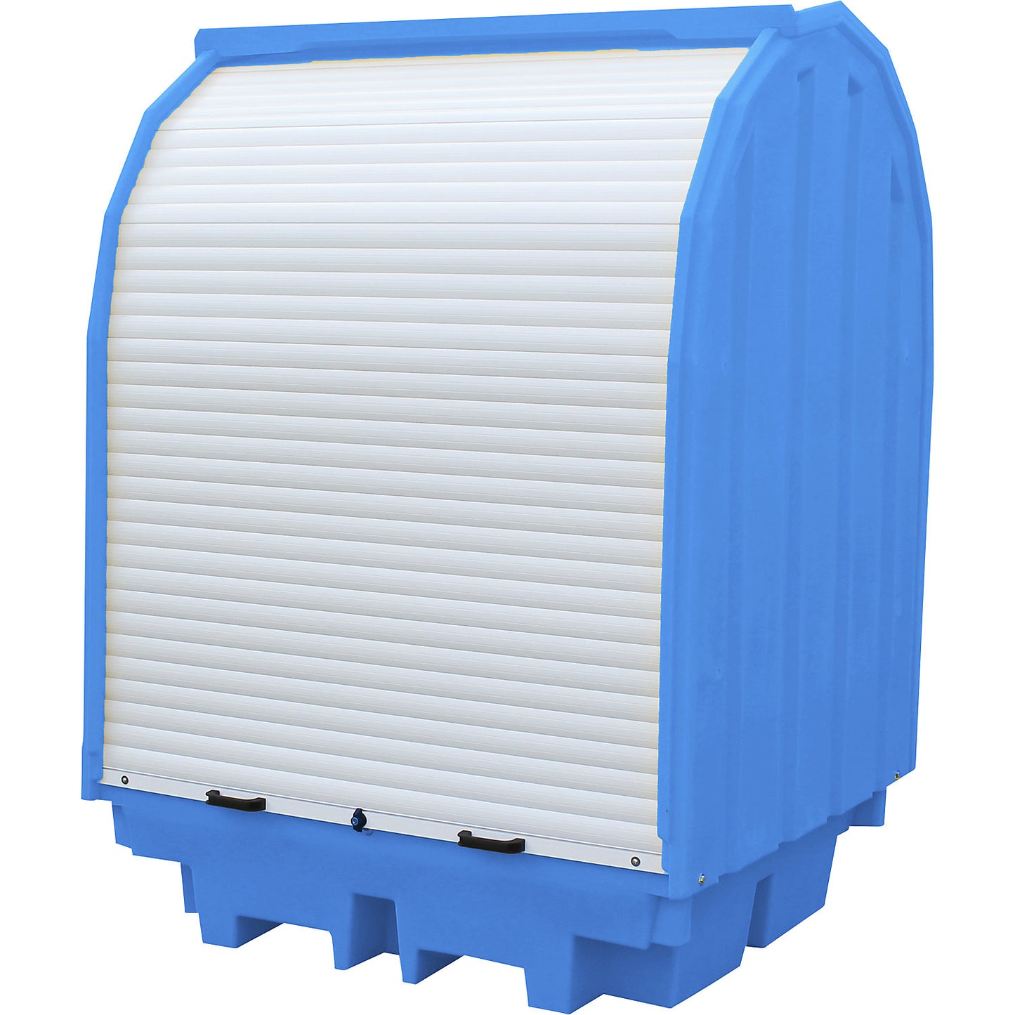 PE hazardous goods storage unit with roller shutter, for 4 x 200 l drums, collection capacity 410 l.