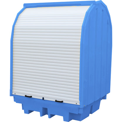 PE hazardous goods storage unit with roller shutter, for 4 x 200 l drums, collection capacity 410 l.