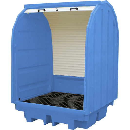 PE hazardous goods storage unit with roller shutter, for 4 x 200 l drums, collection capacity 410 l.