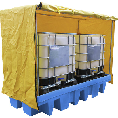 PE sump tray with tarpaulin enclosure, for 2 x 1000 litre IBC/CTC, collection capacity 1140 l.