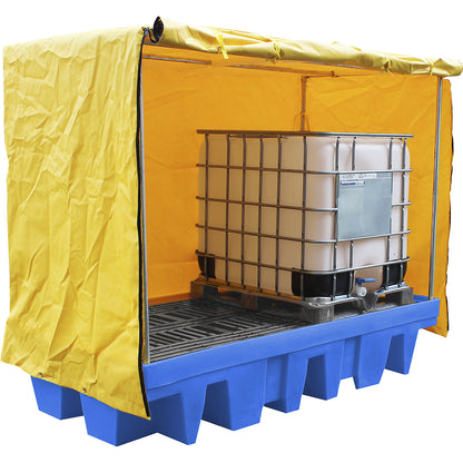 PE sump tray with tarpaulin enclosure, for 2 x 1000 litre IBC/CTC, collection capacity 1140 l.
