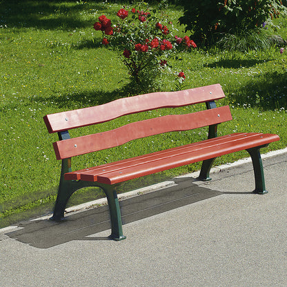 Park bench, solid cast iron frame, seat and back rest made of pine wood, curved.