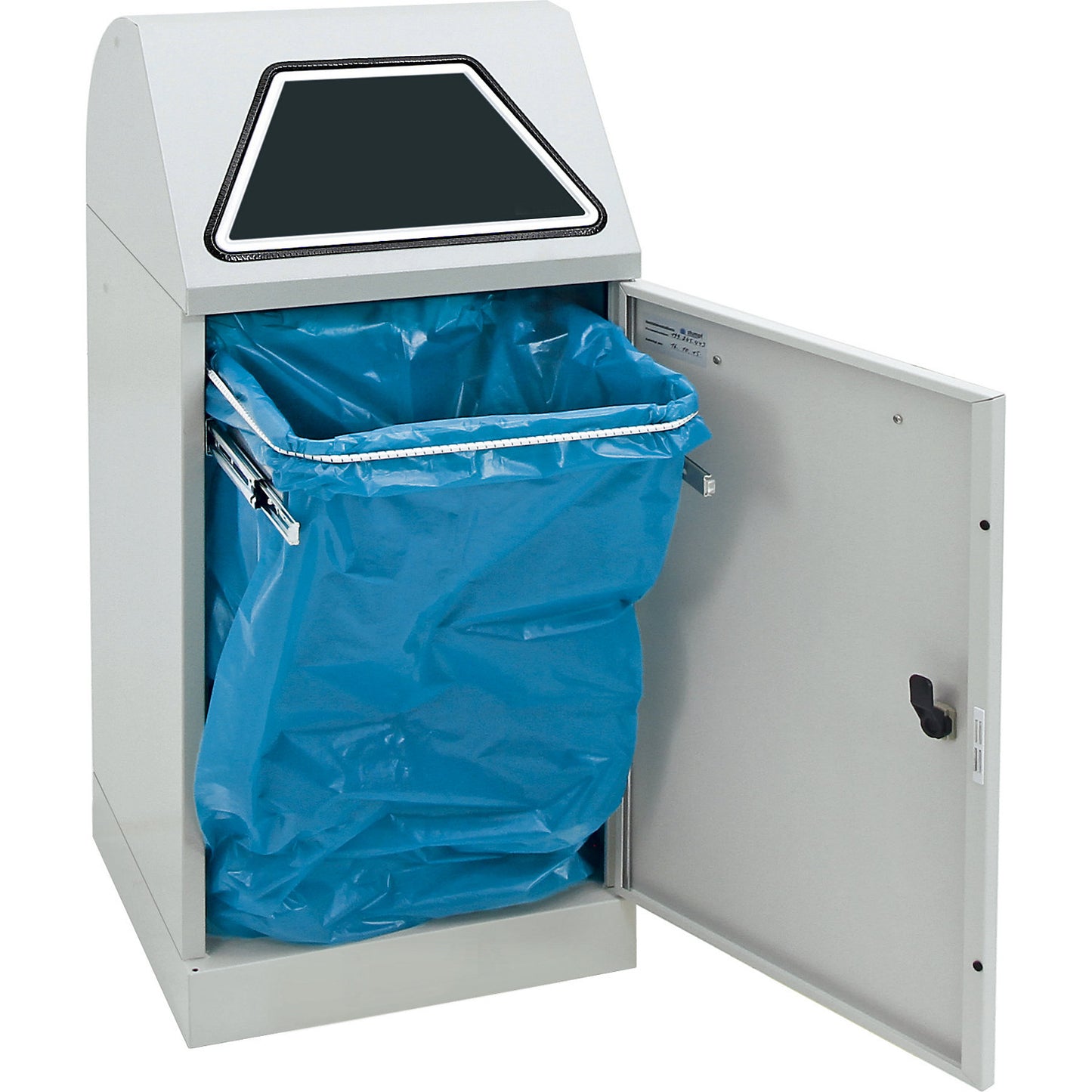 Recyclable waste container, manually operated access flap, with waste bag holder, capacity 60 l, light grey.
