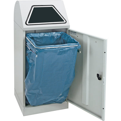 Recyclable waste container, manually operated access flap, with waste bag holder, capacity 75 L, light grey.