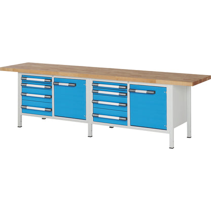 Workbench, Series 8000 frame construction, 8 drawers: 4 x 90, 4 x 180 mm, 2 doors 540 mm, WxD 3000 x 700 mm.