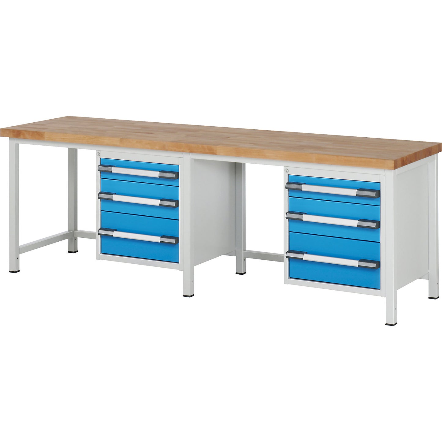 Workbench, Series 8000 frame construction, 6 drawers: 2 x 120, 2 x 180, 2 x 240 mm, WxD 3000 x 700 mm.