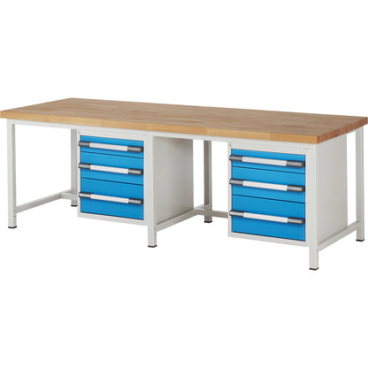 Workbench, Series 8000 frame construction, 6 drawers: 2 x 120, 2 x 180, 2 x 240 mm, WxD 2500 x 900 mm.