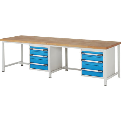 Workbench, Series 8000 frame construction, 6 drawers: 2 x 120, 2 x 180, 2 x 240 mm, WxD 3000 x 900 mm.
