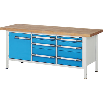 Workbench, Series 8000 frame construction, 6 drawers: 2 x 90, 2 x 180, 2 x 270 mm, 1 door 540 mm, WxD 2000 x 700 mm.