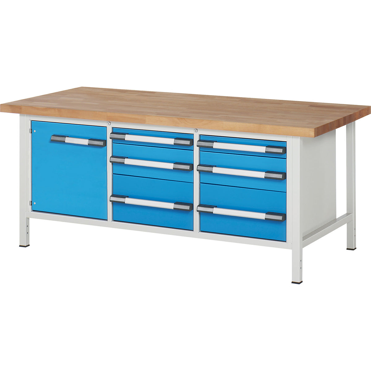 Workbench, Series 8000 frame construction, 6 drawers: 2 x 90, 2 x 180, 2 x 270 mm, 1 door 540 mm, WxD 2000 x 900 mm.