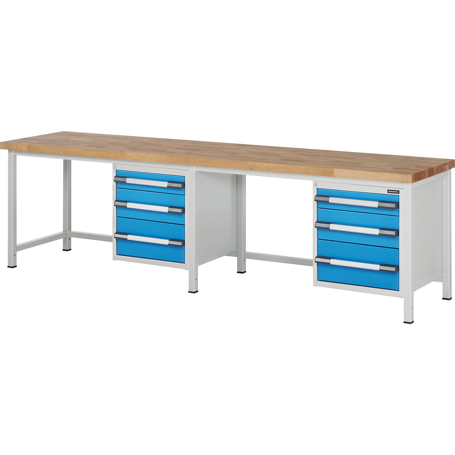 Workbench, Series 8000 frame construction, 6 drawers: 2 x 120, 2 x 180, 2 x 240 mm, WxD 2500 x 700 mm.