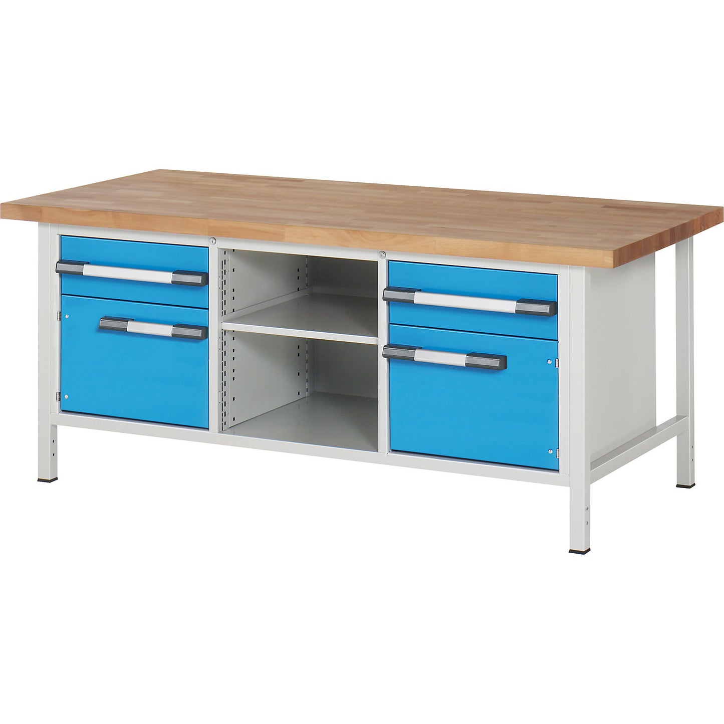 Workbench, Series 8000 frame construction, 2 drawers 180 mm, 2 doors 360 mm, 1 storage shelf, 1 shelf, WxD 2000 x 900 mm.