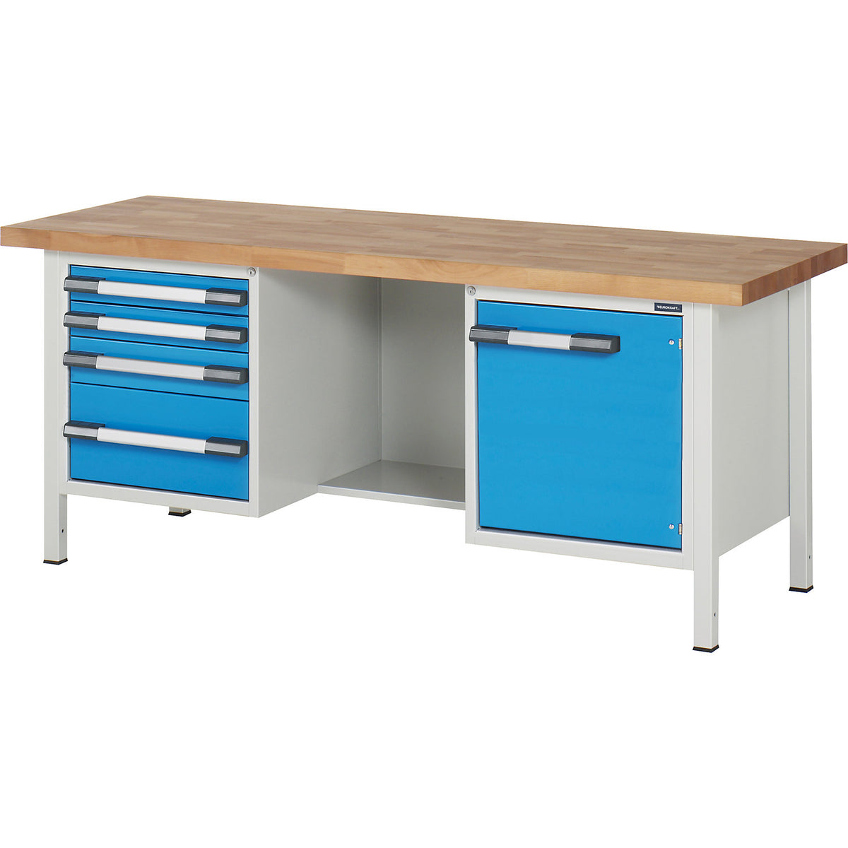 Workbench, Series 8000 frame construction, 4 drawers: 2 x 90, 1 x 120, 1 x 240 mm, 1 door 540 mm, centre open, WxD 2000 x 700 mm.