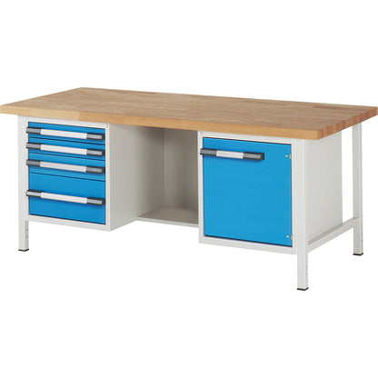 Workbench, Series 8000 frame construction, 4 drawers: 2 x 90, 1 x 120, 1 x 240 mm, 1 door 540 mm, centre open, WxD 2000 x 900 mm.