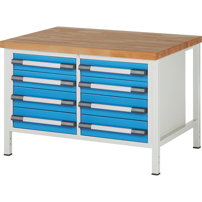 Workbench, Series 8000 frame construction, 8 drawers, WxD 1250 x 900 mm.