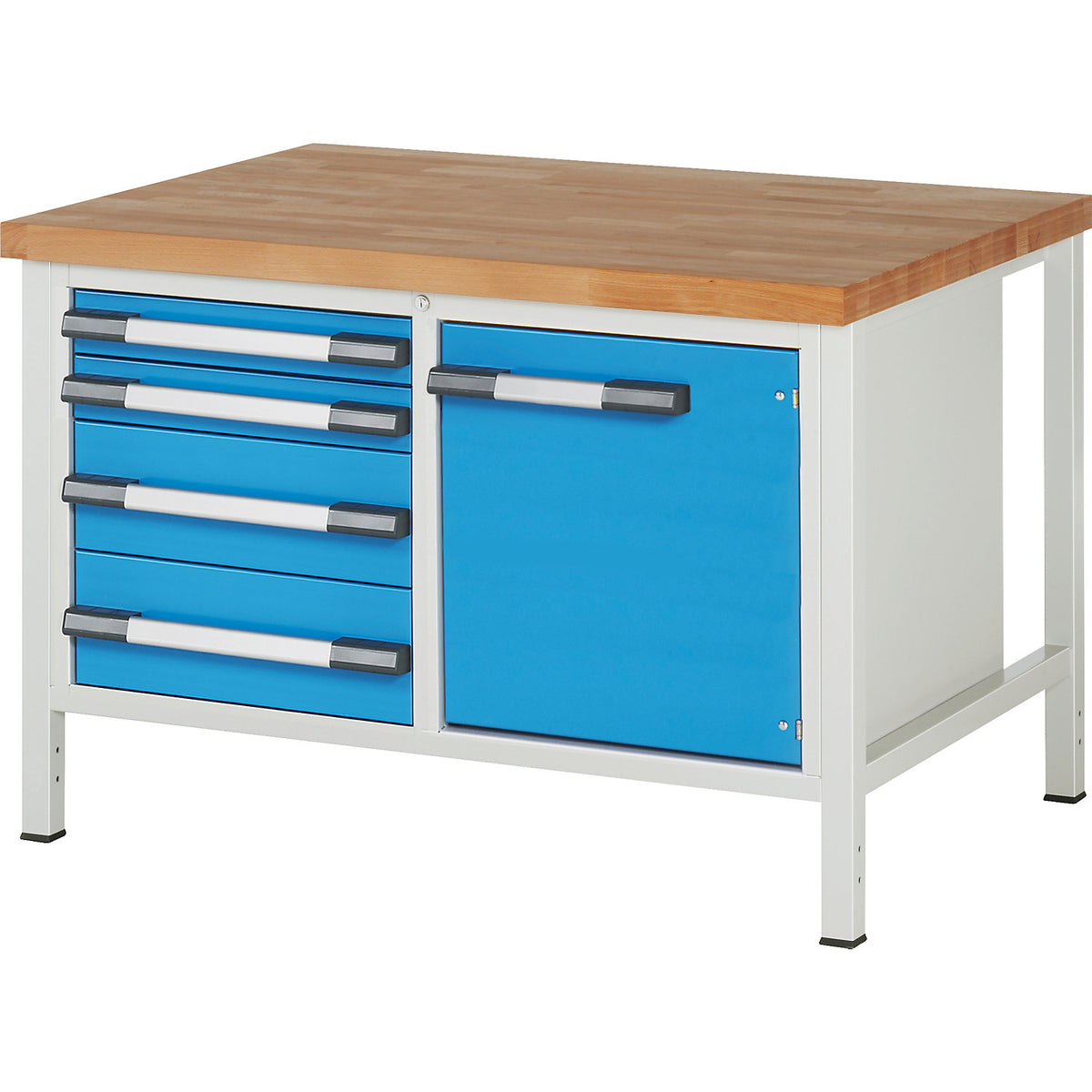 Workbench, Series 8000 frame construction, 4 drawers: 2 x 90, 2 x 180 mm, 1 door 540 mm, WxD 1250 x 900 mm.