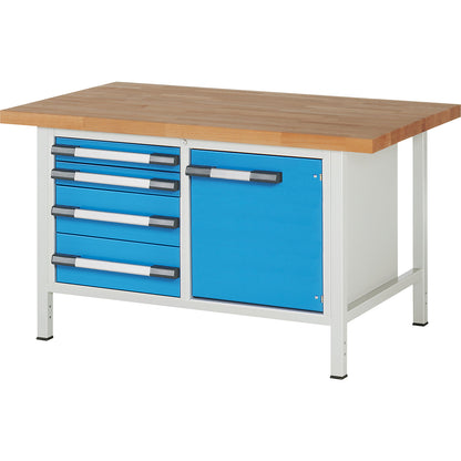 Workbench, Series 8000 frame construction, 4 drawers: 2 x 90, 2 x 180 mm, 1 door 540 mm, WxD 1500 x 900 mm.