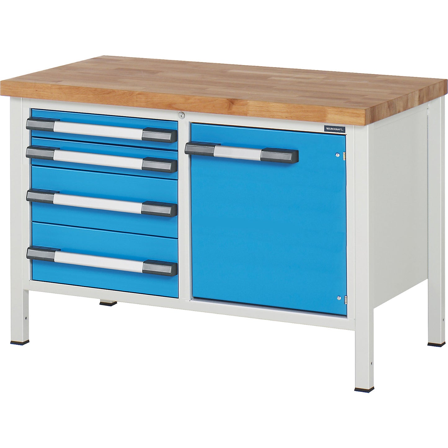 Workbench, Series 8000 frame construction, 4 drawers: 2 x 90, 2 x 180 mm, 1 door 540 mm, WxD 1250 x 700 mm.