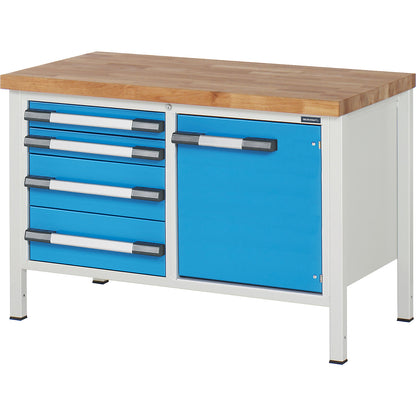 Workbench, Series 8000 frame construction, 4 drawers: 2 x 90, 2 x 180 mm, 1 door 540 mm, WxD 1250 x 700 mm.