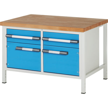 Workbench, Series 8000 frame construction, 2 drawers 180 mm, 2 doors 360 mm, WxD 1250 x 900 mm.