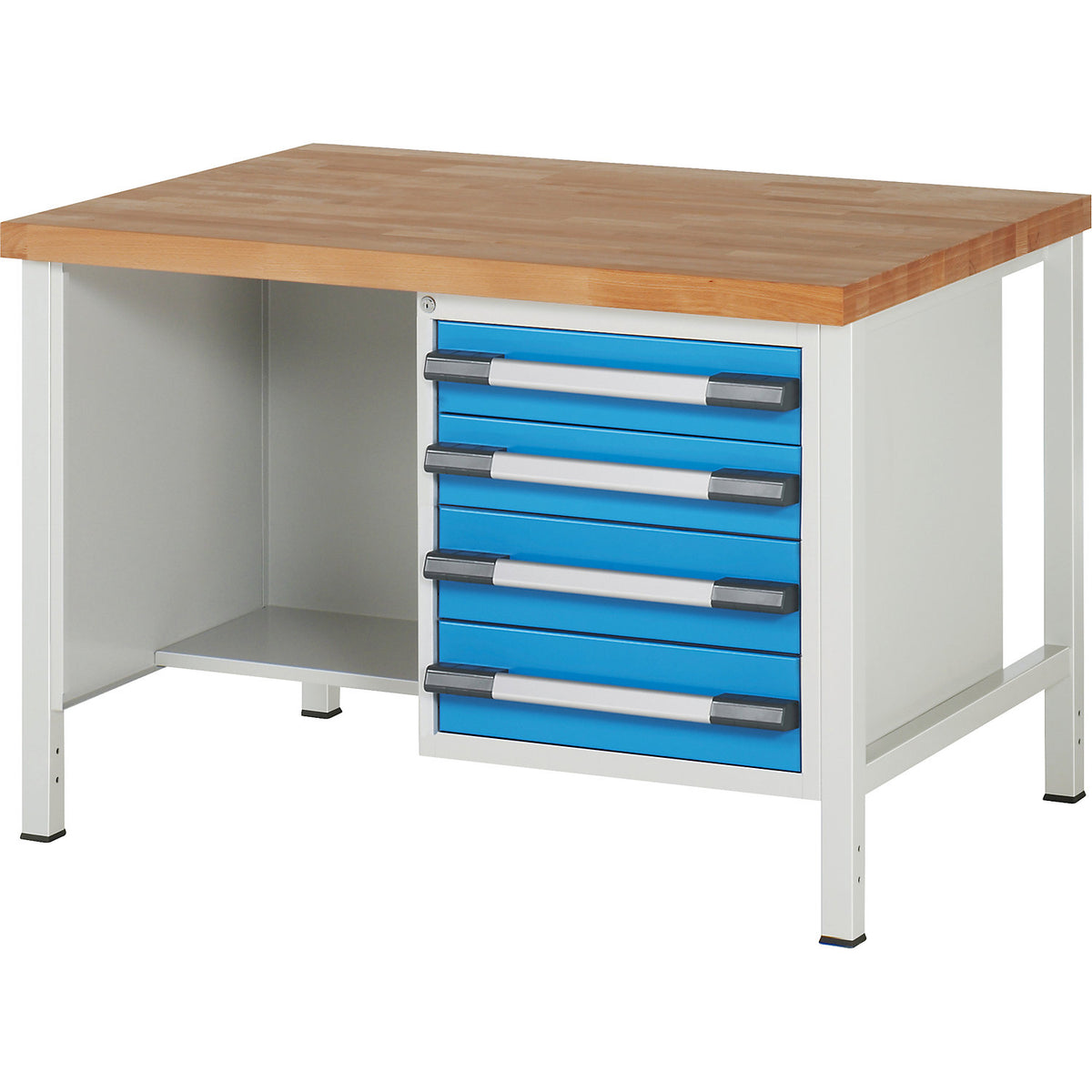 Workbench, Series 8000 frame construction, 4 drawers: 2 x 120, 2 x 150 mm, WxD 1250 x 900 mm.