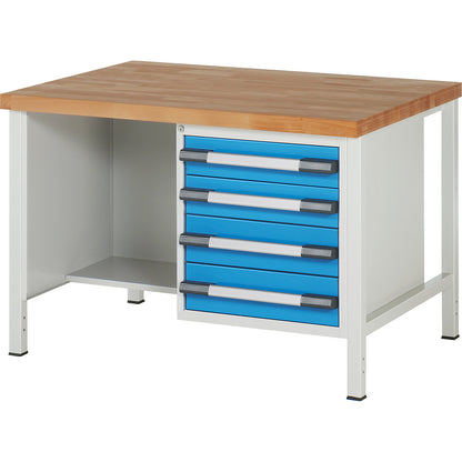 Workbench, Series 8000 frame construction, 4 drawers: 2 x 120, 2 x 150 mm, WxD 1250 x 900 mm.