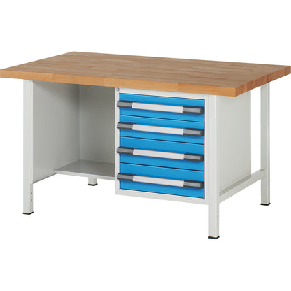 Workbench, Series 8000 frame construction, 4 drawers: 2 x 120, 2 x 150 mm, WxD 1500 x 900 mm.