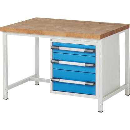 Workbench, Series 8000 frame construction, 3 drawers: 1 x 120, 1 x 180, 1 x 240 mm, WxD 1250 x 900 mm.