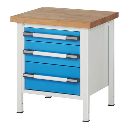 Workbench, Series 8000 frame construction, 3 drawers: 1 x 120, 1 x 180, 1 x 240 mm, WxD 750 x 700 mm.
