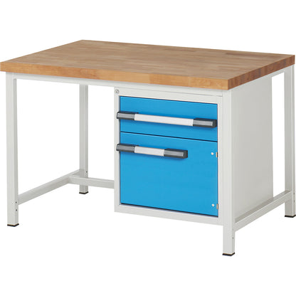 Workbench, Series 8000 frame construction, 1 x 180 mm drawer, 1 x 360 mm door, WxD 1250 x 900 mm.