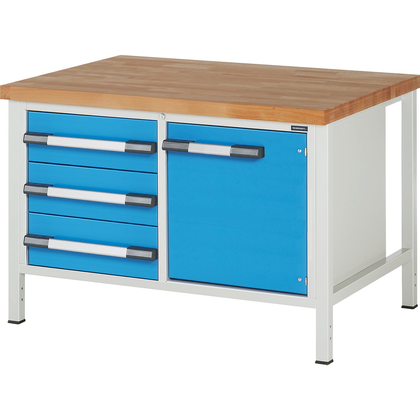 Workbench, Series 8000 frame construction, 3 drawers 180 mm, 1 door 540 mm, WxD 1250 x 700 mm.