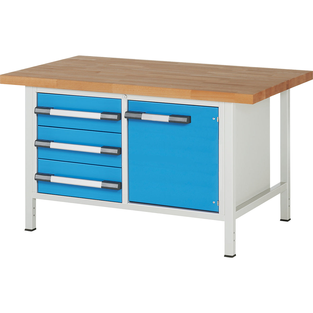 Workbench, Series 8000 frame construction, 3 drawers 180 mm, 1 door 540 mm, WxD 1500 x 700 mm.