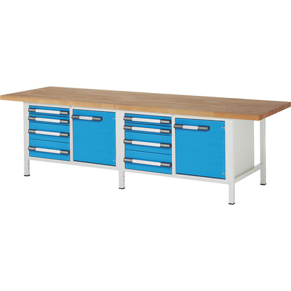 Workbench, Series 8000 frame construction, 8 drawers: 4 x 90, 4 x 180 mm, 2 doors 540 mm, WxD 3000 x 900 mm.