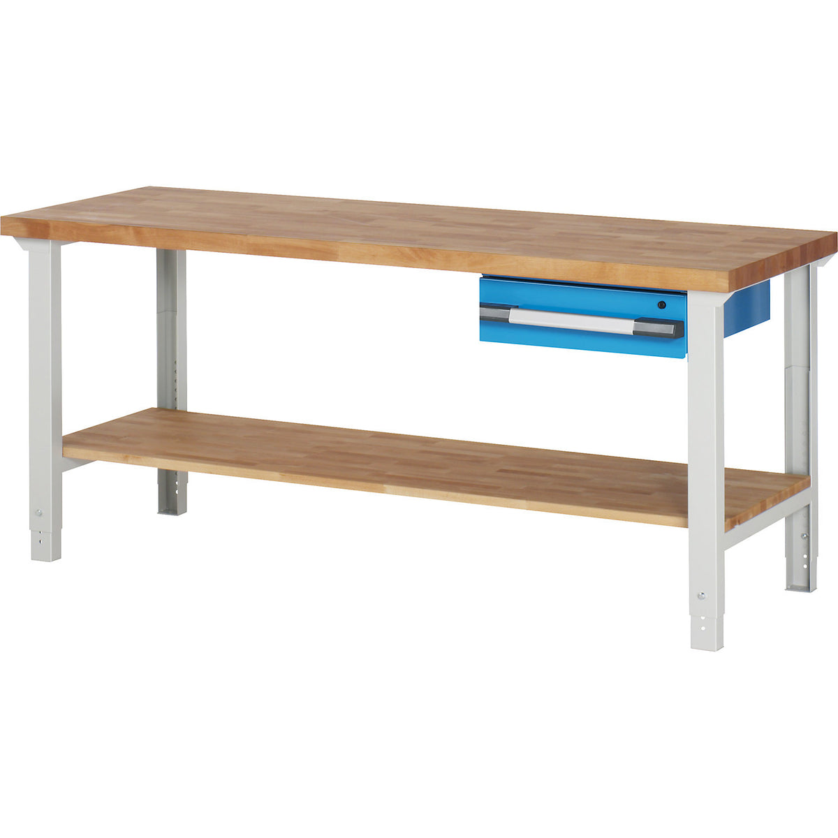 Workbench with suspended drawers, modular system series 7000, 1 single drawer, 1 shelf, 2 feet, WxD 2000 x 700 mm.