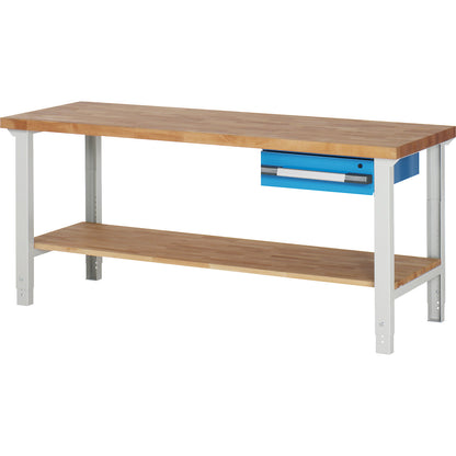 Workbench with suspended drawers, modular system series 7000, 1 single drawer, 1 shelf, 2 feet, WxD 2000 x 700 mm.
