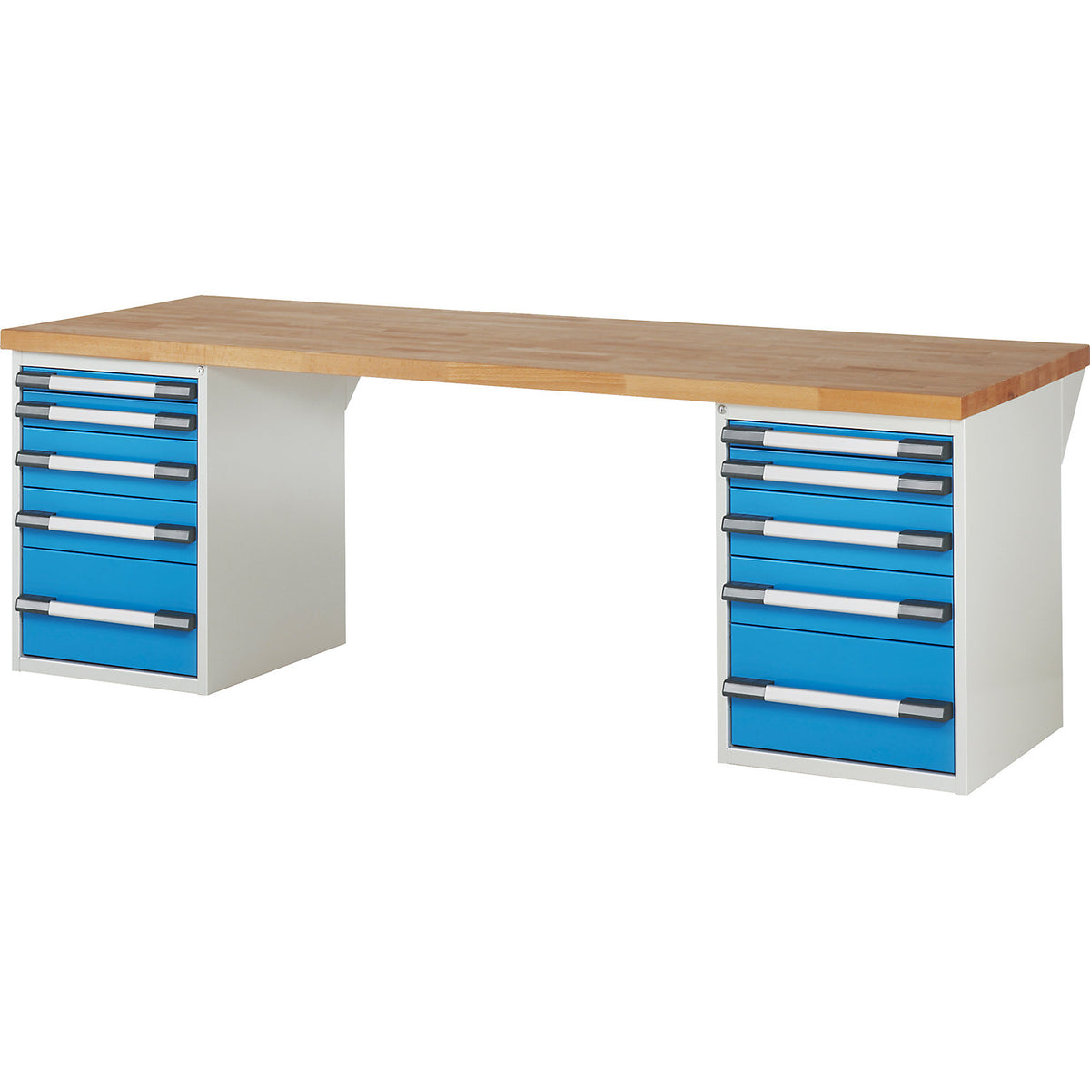 Workbench with fixed pedestals, series 7000 modular system, 2 fixed pedestals with 5 drawers each, WxD 2500 x 900 mm.