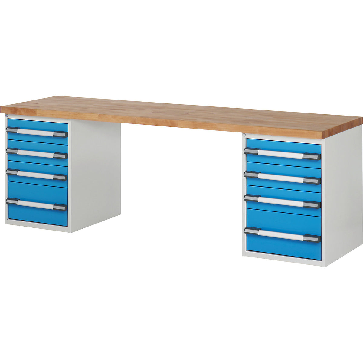 Workbench with fixed pedestals, series 7000 modular system, 2 fixed pedestals with 4 drawers each, WxD 2500 x 700 mm.