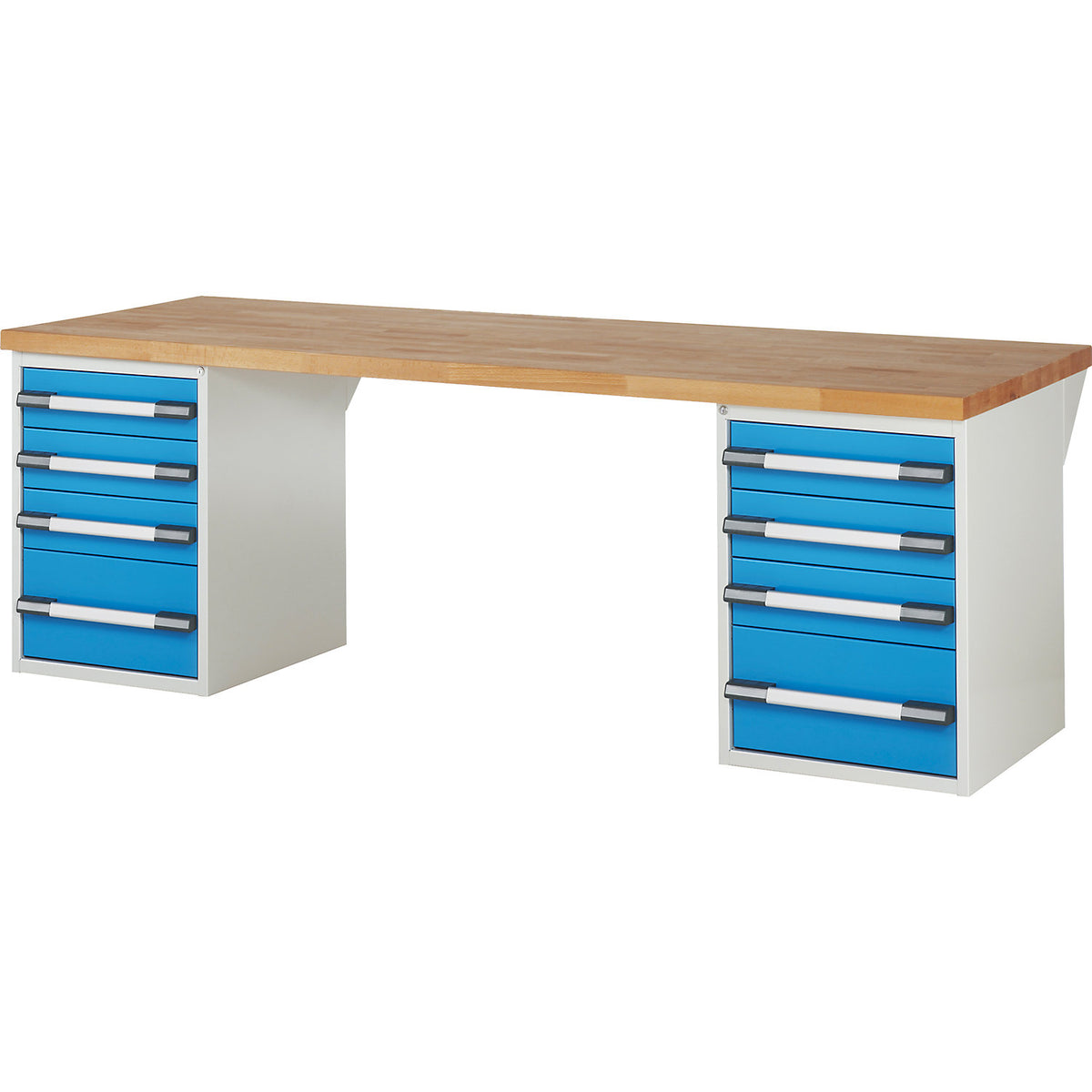 Workbench with fixed pedestals, series 7000 modular system, 2 fixed pedestals with 4 drawers each, WxD 2500 x 900 mm.
