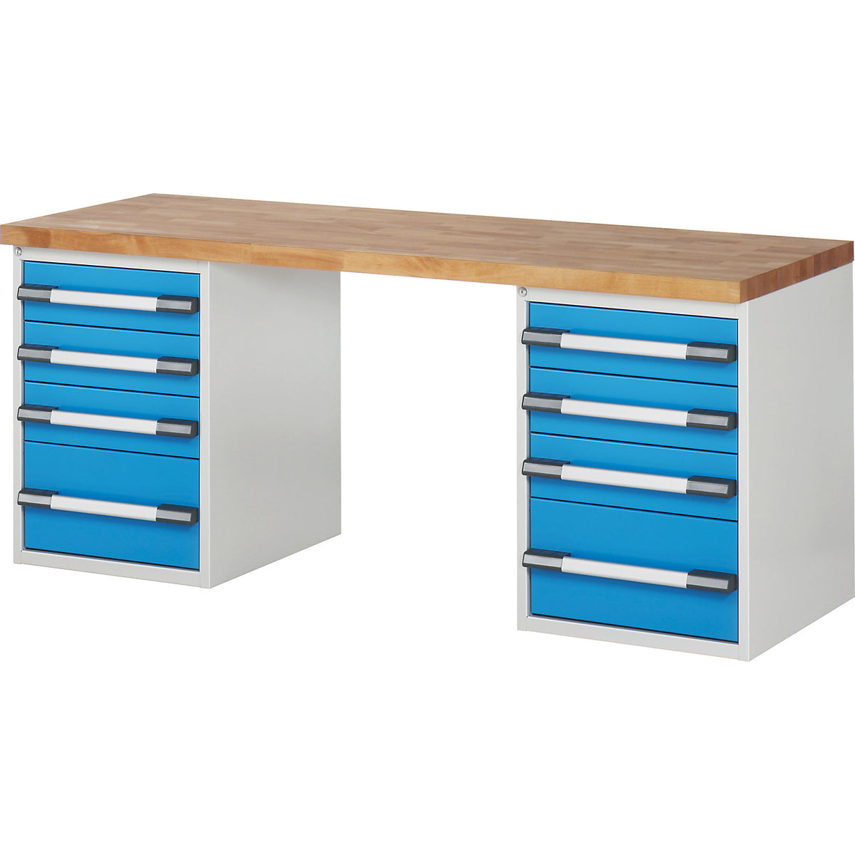 Workbench with fixed pedestals, series 7000 modular system, 2 fixed pedestals with 4 drawers each, WxD 2000 x 700 mm.