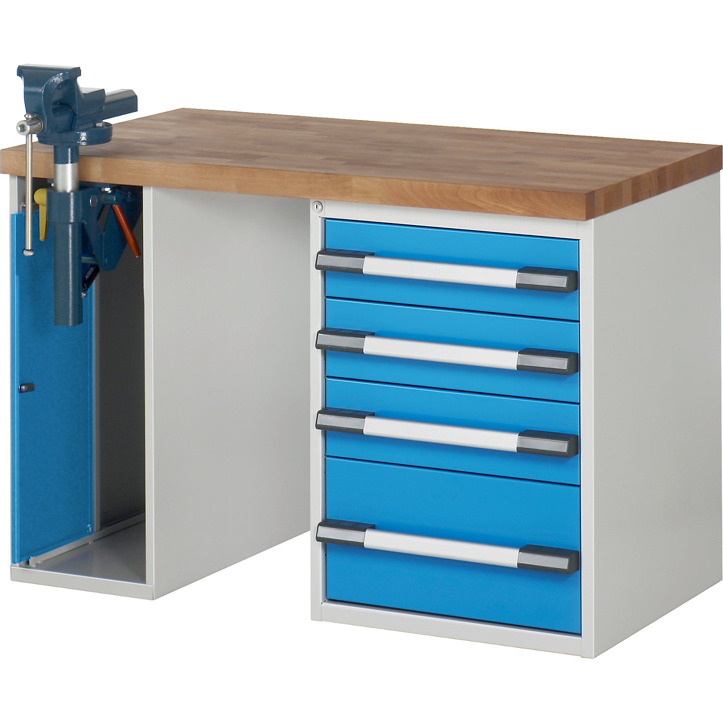 Workbench, Series 7000 modular system, 1 cupboard, 1 fixed pedestal with 4 drawers, WxD 1250 x 700 mm.