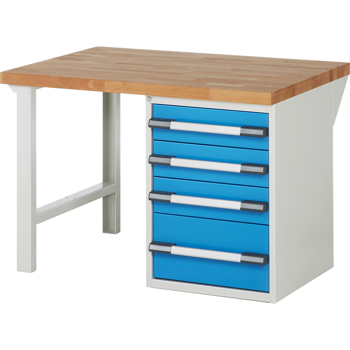 Workbench with fixed pedestals, series 7000 modular system, 1 fixed pedestal with 4 drawers, 1 foot, WxD 1250 x 900 mm.