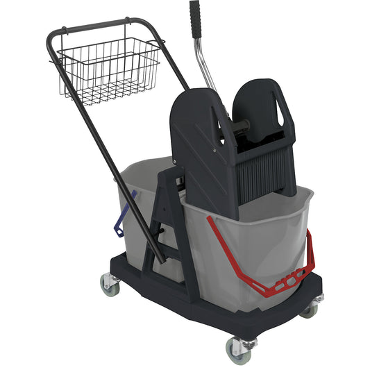 Wet mop trolley, 2 x 17 l double mobile buckets with push bar, and plastic frame.