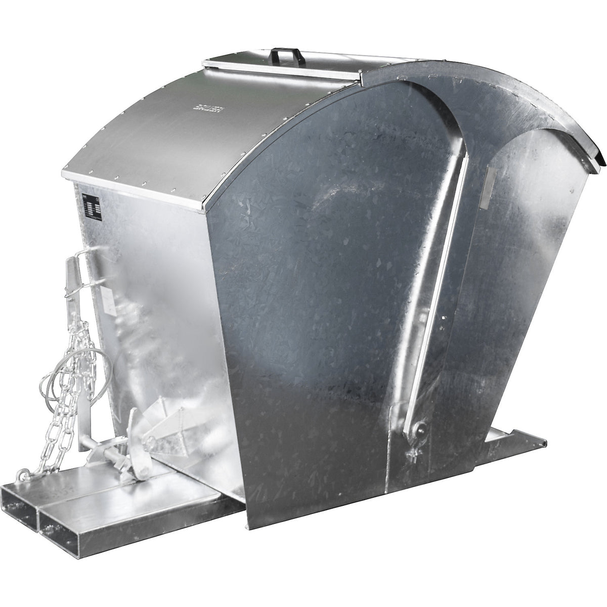 Tilting skip with round lid, capacity 0.75 m³, hot dip galvanised.
